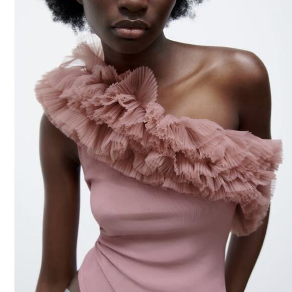 Zara Tops - Zara Beige Pink One Shoulder Ruffled Tulle Bodysuit Bloggers Fave Small